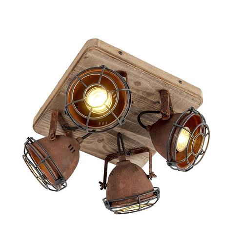 Industriële spot roestbruin met hout kantelbaar 4-lichts -, Huis en Inrichting, Lampen | Spots, Nieuw, Overige materialen