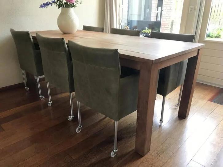 Set van 6 groene leren kuip eetkamerstoelen met wielen, Huis en Inrichting, Stoelen, Nieuw, Leer, Ophalen of Verzenden