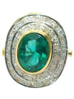Zonder Minimumprijs - Ring - 9 kt. Geel goud, Zilver Smaragd, Sieraden, Tassen en Uiterlijk, Ringen, Nieuw