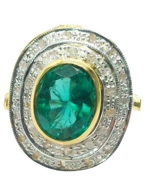 Zonder Minimumprijs - Ring - 9 kt. Geel goud, Zilver Smaragd, Sieraden, Tassen en Uiterlijk, Ringen