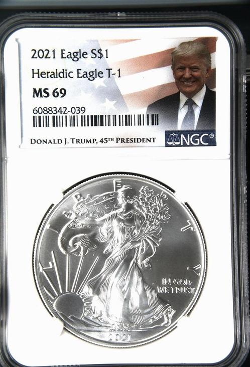 American Eagle 1 oz Type I 2021 NGC MS69 Trump label, Postzegels en Munten, Munten | Amerika, Midden-Amerika, Losse munt, Zilver