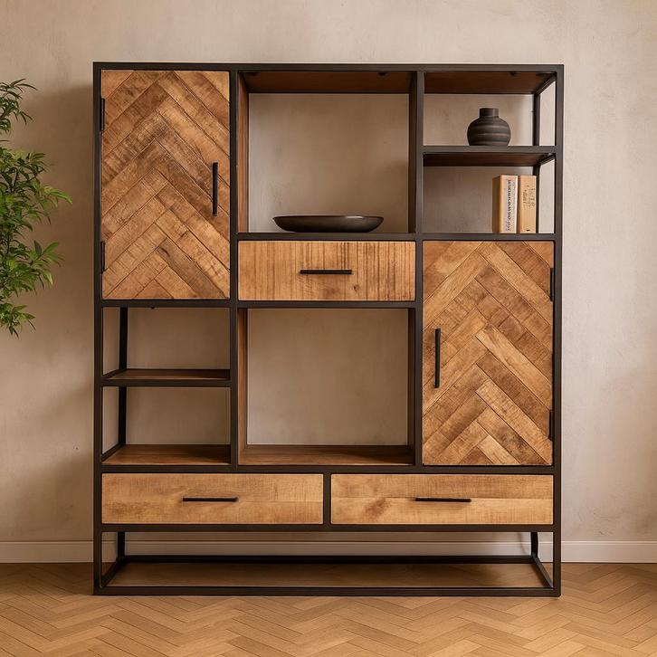 Vakkenkast Mangohout Kjeld 120 cm, Huis en Inrichting, Kasten | Boekenkasten, 25 tot 50 cm, Nieuw, Overige houtsoorten, 100 tot 150 cm