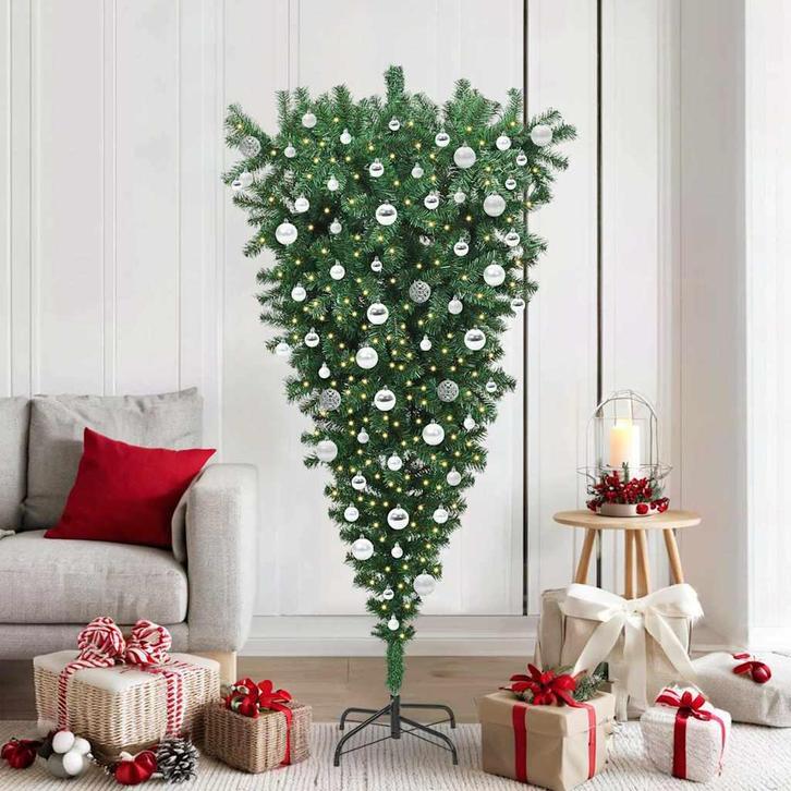 vidaXL Opwaarts Kunstkerstboom met Bollen Set Groen 180 cm, Diversen, Kerst, Nieuw, Verzenden
