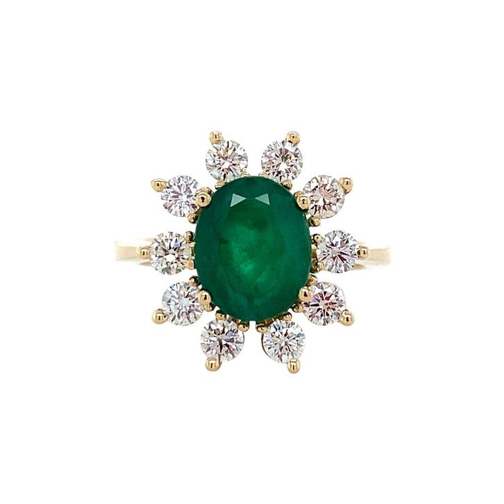 Gouden entourage ring met diamant en smaragd 14 karaat*, Sieraden, Tassen en Uiterlijk, Ringen, Zo goed als nieuw, Goud, Verzenden