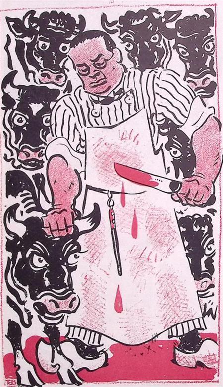 Spotprent Minister Verschuur afgebeeld als slager met zij..., Antiek en Kunst, Kunst | Litho's en Zeefdrukken, Verzenden