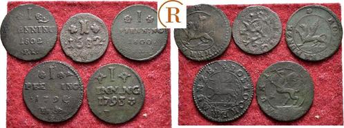 Lot 5 x 1 Pfennig ab 1682 Rostock Stadt:, Postzegels en Munten, Munten | Europa | Niet-Euromunten, Verzenden