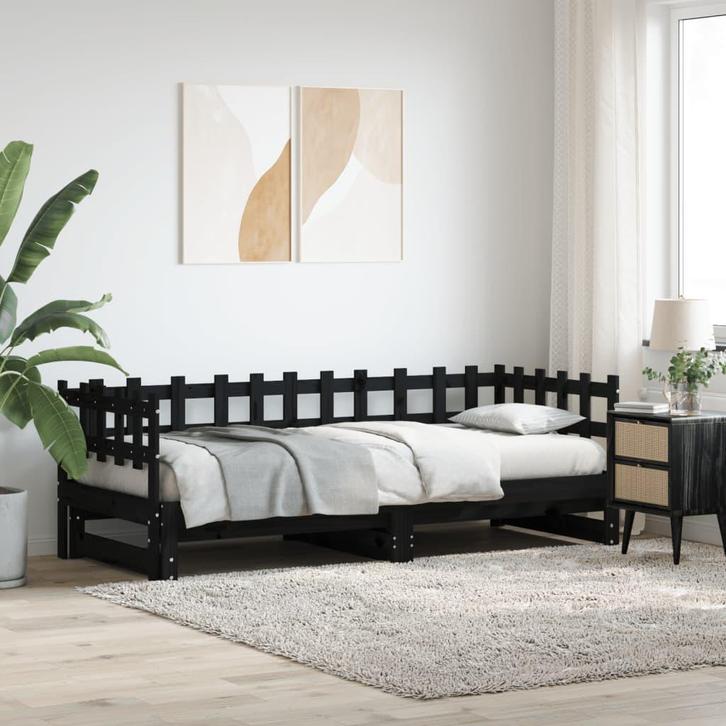vidaXL Slaapbank uitschuifbaar 2x(80x200) cm massief, Huis en Inrichting, Slaapkamer | Bedden, 80 cm, 200 cm, Zwart, Eenpersoons