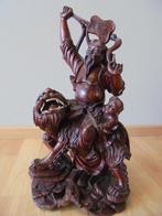 Handsnijwerk - Chinese Muzikant met kind op Leeuw - Hout,, Antiek en Kunst
