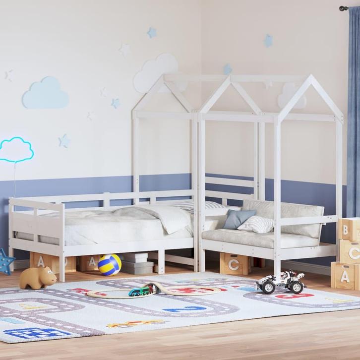 vidaXL Kinderbed met huisje en bankje massief grenenhout wit, Huis en Inrichting, Slaapkamer | Bedden, 80 cm, 200 cm, Wit, Eenpersoons