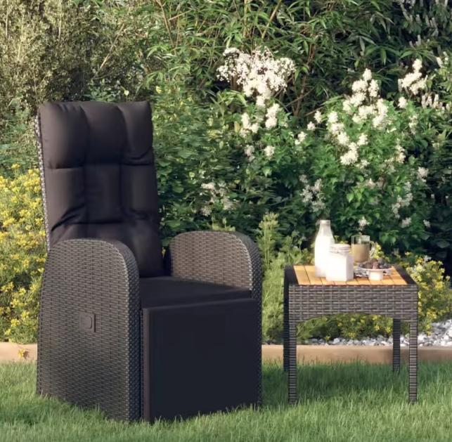 Rotan Tuinstoel met Kussen Zwart – Verstelbaar met Voetsteun, Tuin en Terras, Tuinstoelen, Nieuw, Verstelbaar, Rotan, Verzenden