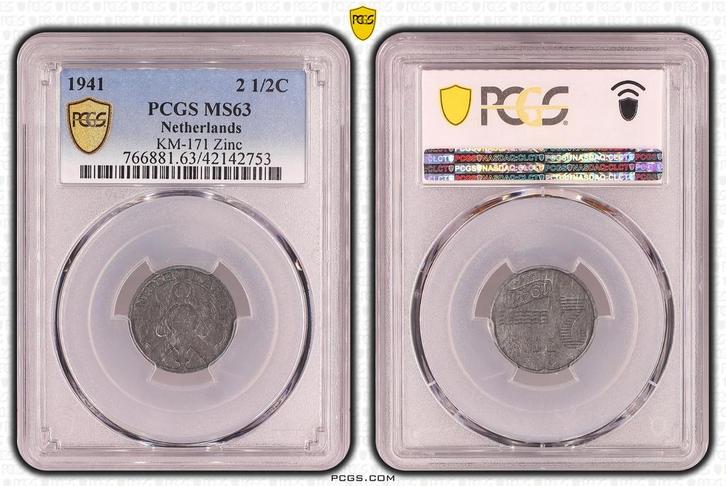 Koningin Wilhelmina 2 1/2 cent 1941 zink MS63 PCGS, Postzegels en Munten, Munten | Nederland, Losse munt, Koningin Wilhelmina