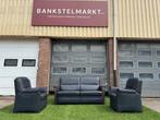 Bankstel SENIOREN Mecam blauwe leer 2 zit bank +2 fauteuils, Design, Zo goed als nieuw, Rechte bank, Leer