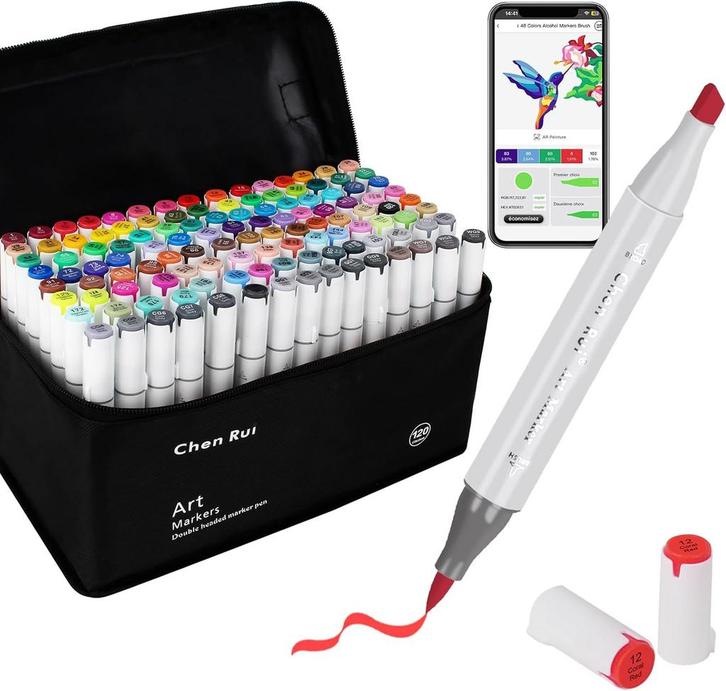 120 kleuren alcoholkwastmarker met gratis app, dubbele kwast, Hobby en Vrije tijd, Tekenen, Zo goed als nieuw, Verzenden