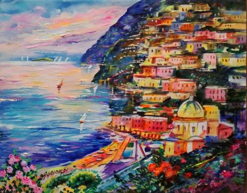 Alfredo Grimaldi (1950) - Luci a Positano (Costiera, Antiek en Kunst, Kunst | Schilderijen | Klassiek
