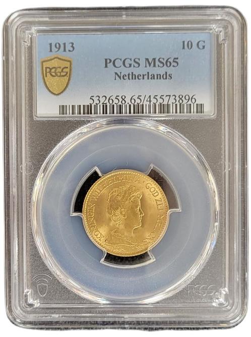 Gouden Wilhelmina 10 gulden 1913 MS65 gecertificeerd PCGS, Postzegels en Munten, Munten | Nederland, Losse munt, 10 gulden, Koningin Wilhelmina