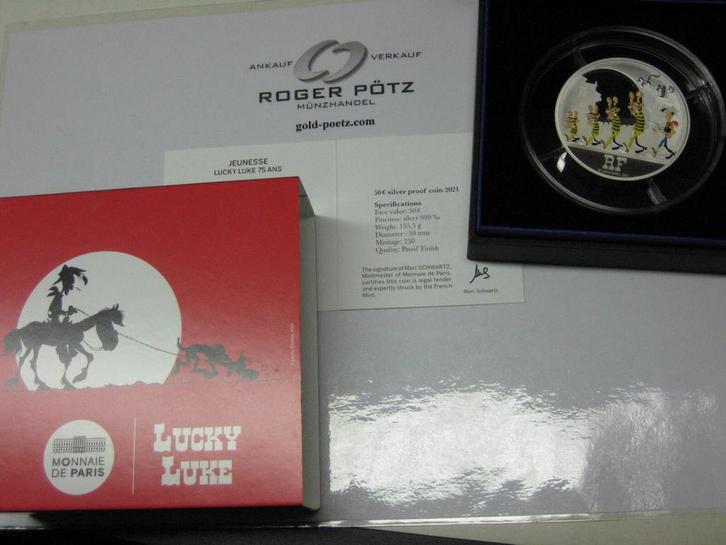 Frankreich 50 Euro 2021 Lucky Luke 5 Unzen zilver Pp colo..., Postzegels en Munten, Munten | Europa | Euromunten, Verzenden