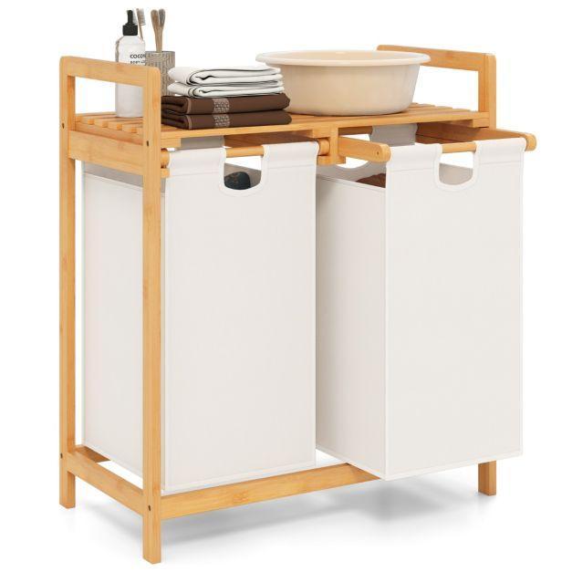 COSTWAY Bamboe Wasmand met Twee Compartimenten 2-Sectie Wass, Huis en Inrichting, Badkamer | Badtextiel en Accessoires, Zo goed als nieuw