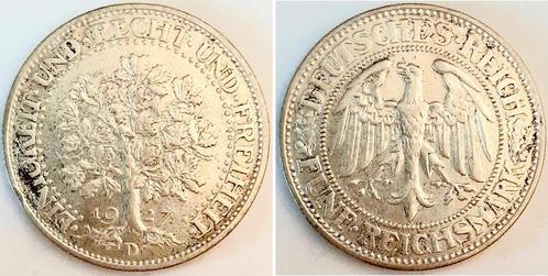 Duitsland 5 Reichsmark 1927 D Eichbaum vz, kl Randfehler..., Postzegels en Munten, Munten | Europa | Niet-Euromunten, Verzenden
