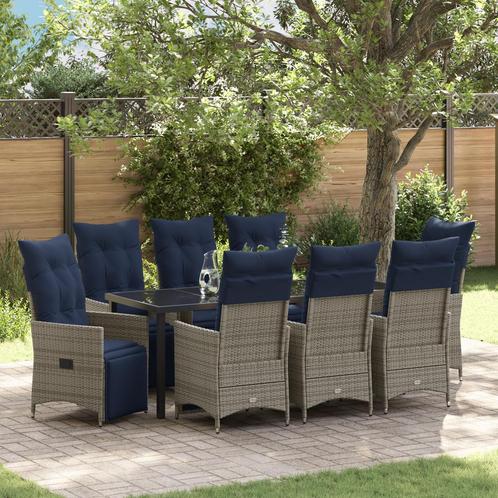 vidaXL 9-delige tuinset met kussens grijs poly riet, Tuin en Terras, Tuintafels, Nieuw, Metaal, Verzenden
