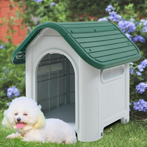 Hondenhok Bello kunststof wit en groen 75x59x66 cm [en.casa], Dieren en Toebehoren, Honden-accessoires, Nieuw, Verzenden