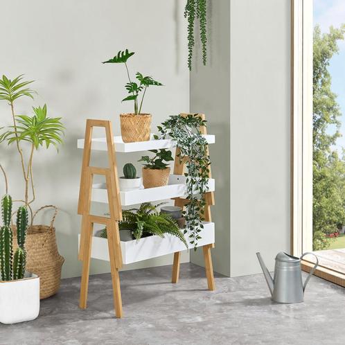 [en.casa] Plantenstandaard Hitra 3-delig bamboe wit en houtk, Huis en Inrichting, Kasten | Wandmeubels, Nieuw, Verzenden