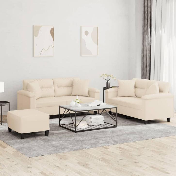 vidaXL 3-delige Loungeset met kussens microvezelstof beige, Huis en Inrichting, Banken | Bankstellen, Nieuw, Stof, Vierpersoons of meer