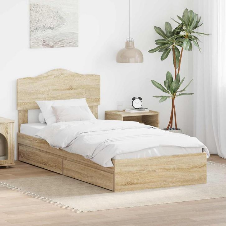 vidaXL Opslag bed met hoofdeinde Sonoma Eiken 90 x 200 cm, Huis en Inrichting, Slaapkamer | Bedden, Bruin, Nieuw, Hout, Verzenden