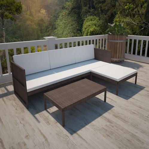 vidaXL 3-delige Loungeset met kussens poly rattan bruin, Tuin en Terras, Tuinsets en Loungesets, Loungeset, Nieuw, 3 zitplaatsen