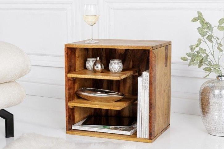 Stevige bijzettafel CUBUS 43 cm plank met sheesham, Huis en Inrichting, Tafels | Sidetables, Ophalen of Verzenden