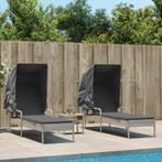 vidaXL Ligbedden 2 st met luifels en tafel poly rattan, Tuin en Terras, Verzenden, Nieuw