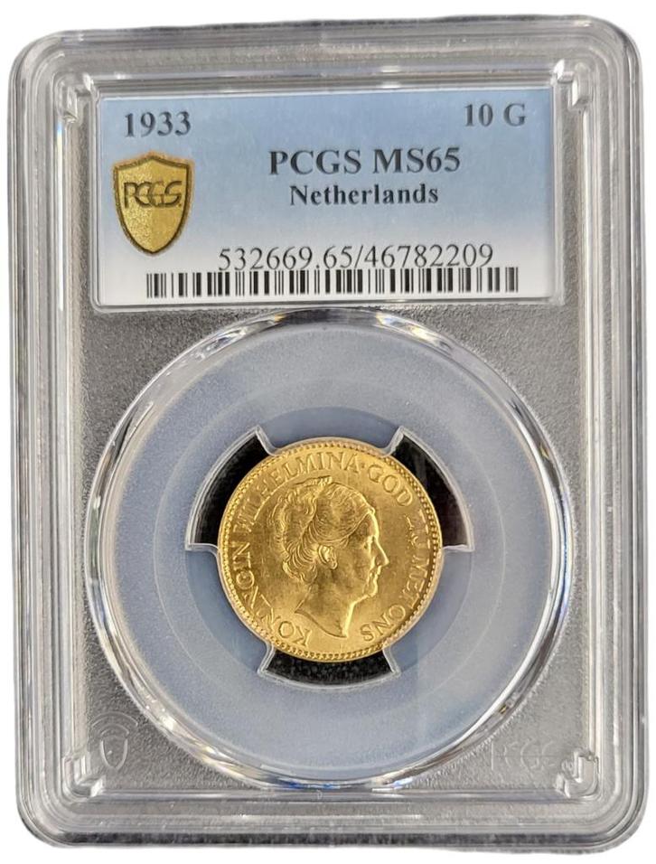Gouden Wilhelmina 10 gulden 1933 MS65 gecertificeerd PCGS, Postzegels en Munten, Munten | Nederland, Losse munt, 10 gulden, Koningin Wilhelmina