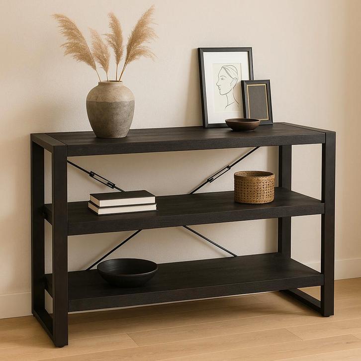 Boekenkast Mangohout Britt Laag 120 Zwart, Huis en Inrichting, Kasten | Boekenkasten, 25 tot 50 cm, Nieuw, Overige houtsoorten