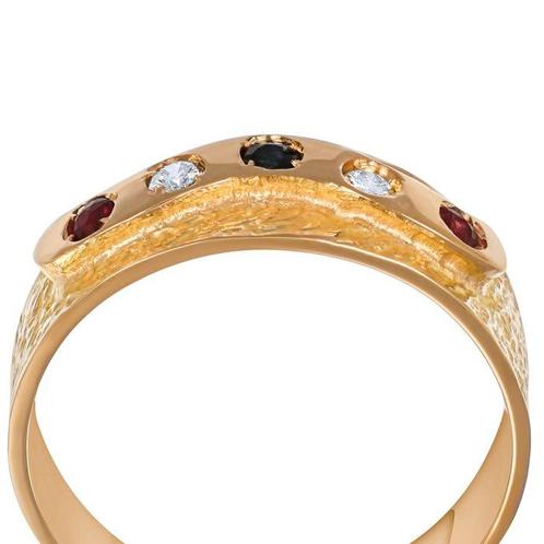 Ring - 18 karaat Geel goud, Robijnen - Saffier - Diamanten -, Sieraden, Tassen en Uiterlijk, Ringen