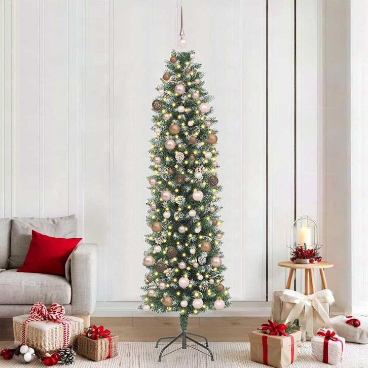 vidaXL Kunstmatige slanke kerstboom met 300 LED Groen 210 cm, Diversen, Kerst, Nieuw, Verzenden