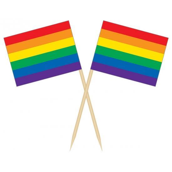 50x Vlaggetjes prikkers gekleurde regenboogvlag 8 cm hout/.., Hobby en Vrije tijd, Feestartikelen, Ophalen of Verzenden