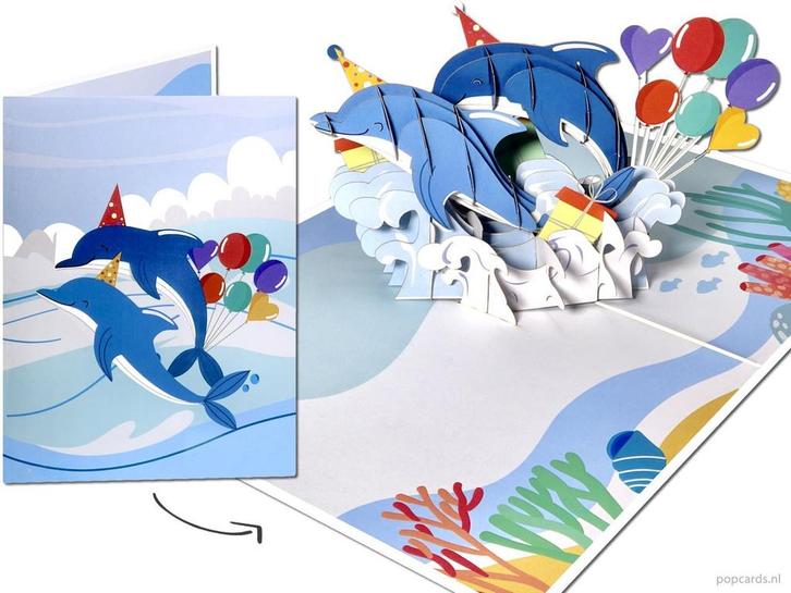 2 Feestvierende Dolfijnen springen uit de golven pop-up v..., Diversen, Wenskaarten, Verzenden