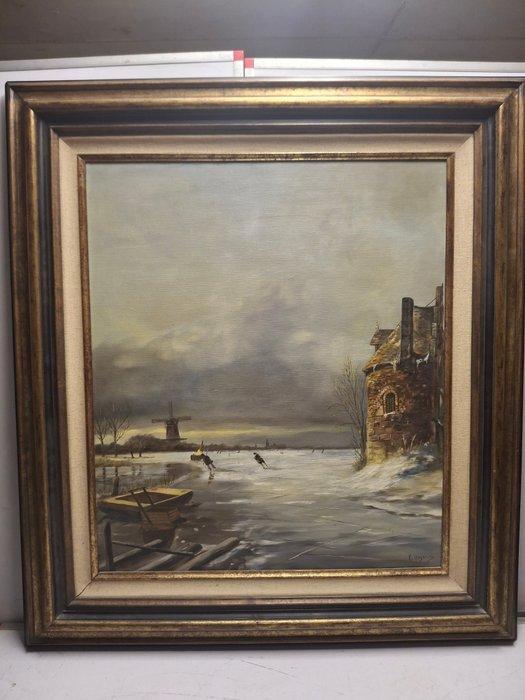 Oostrum K.(XX) - Winterlandschap met toren, Antiek en Kunst, Kunst | Schilderijen | Klassiek