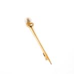 Gouden lange broche met parel en diamanten | 0,055 ct., Sieraden, Tassen en Uiterlijk, Broches, Gebruikt, Overige kleuren, Ophalen of Verzenden