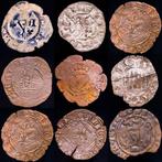 Spanje. Lote de nueve (9) monedas de cobre y vellón Destacan
