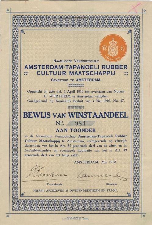Amsterdam-Tapanoeli Rubber Cultuur Maatschappij, 1910, Postzegels en Munten, Aandelen en Waardepapieren, Aandeel, Voor 1920, Ophalen of Verzenden