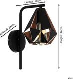 EGLO Carlton 4 Wandlamp - E27 - 31,5 cm - Zwart/Koper, Huis en Inrichting, Lampen | Wandlampen, Ophalen of Verzenden, Nieuw