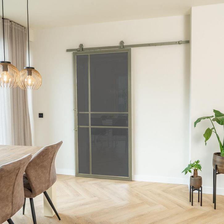 Stalen Schuifdeur 6 Vlaks Olijfgroen Rook glas Luxe design, Doe-het-zelf en Verbouw, Kozijnen en Schuifpuien, Inclusief glas, Nieuw