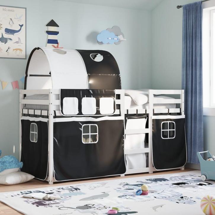 vidaXL Stapelbed met gordijnen 75x190 cm grenenhout wit en, Huis en Inrichting, Slaapkamer | Bedden, Zwart, Nieuw, Hout, Verzenden