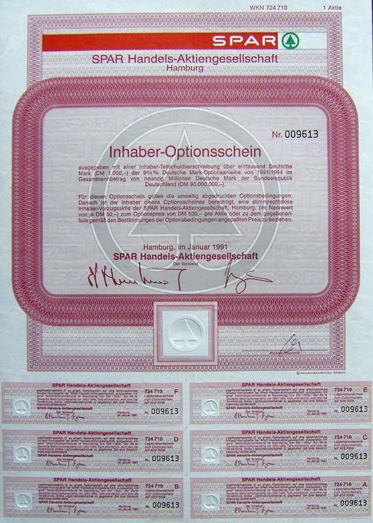 optiebewijs van de Spar supermarkten, Postzegels en Munten, Aandelen en Waardepapieren, Overige typen, 1970 tot heden, Ophalen of Verzenden