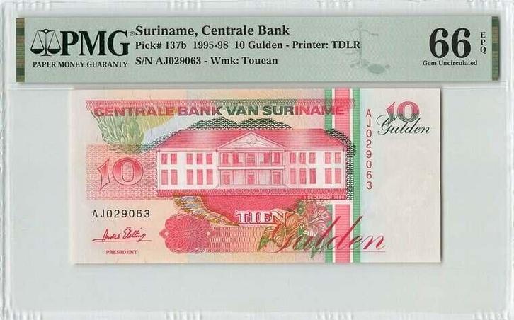 1996 Suriname P 137b 10 Gulden Pmg 66 Epq, Postzegels en Munten, Bankbiljetten | Europa | Niet-Eurobiljetten, Verzenden