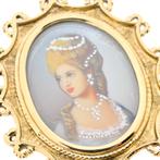 Vintage gouden broche met geschilderd portret (schildering), Ophalen of Verzenden, Gebruikt, Goud, Overige merken