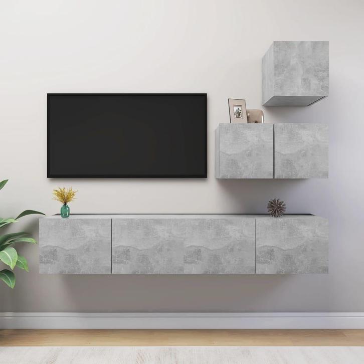 vidaXL 4-delige Tv-meubelset bewerkt hout betongrijs, Huis en Inrichting, Kasten | Televisiemeubels, Nieuw, Overige houtsoorten