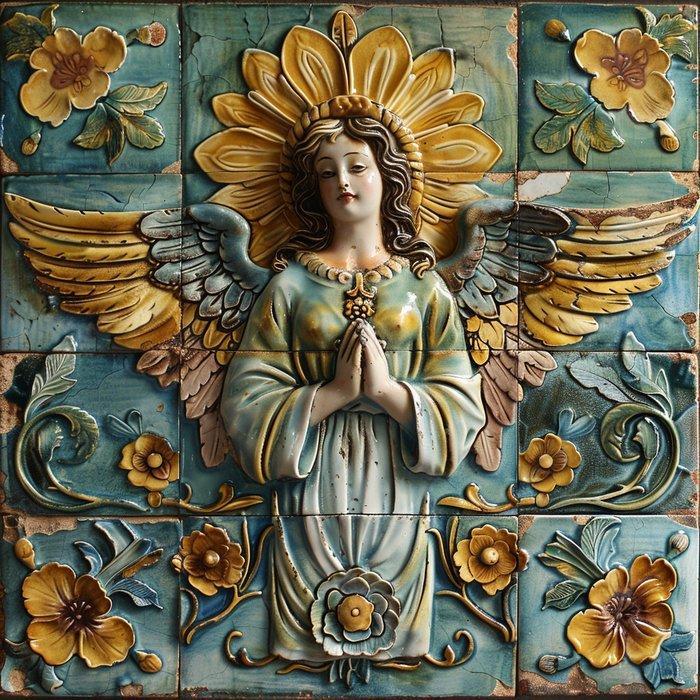 CAMILART.ES_(2002) - SQUARED ANDALUSIAN TILE PRAYING ANGEL, Antiek en Kunst, Antiek | Boeken en Bijbels