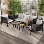 6-Delige Tuinloungeset – Grijs Touw &amp; Glazen Tafels, Verzenden, Nieuw, Hout, Tuinset