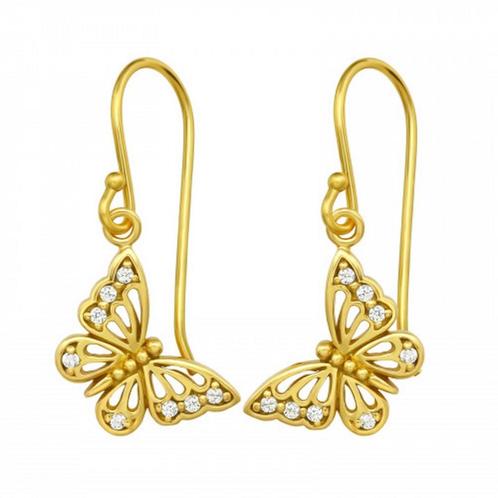 Vlinder oorbellen - 925 Sterling zilver - Gold plated, Sieraden, Tassen en Uiterlijk, Oorbellen, Met strass, Goud, Nieuw, Zilver